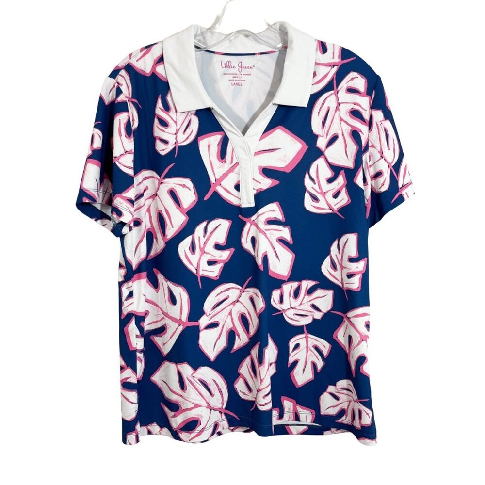 Lillie Green Blue Palm Leaf Print Short Sleeve Golf Polo Preppy - Size Large